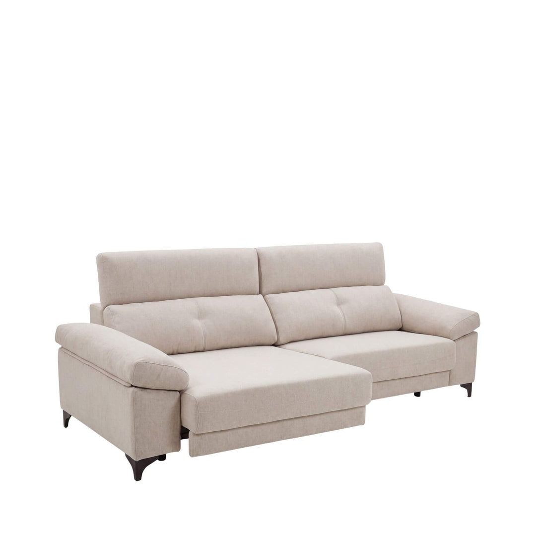 Front view of the Helsinki extendable sofa showing its soft neutral upholstery and compact modular design.