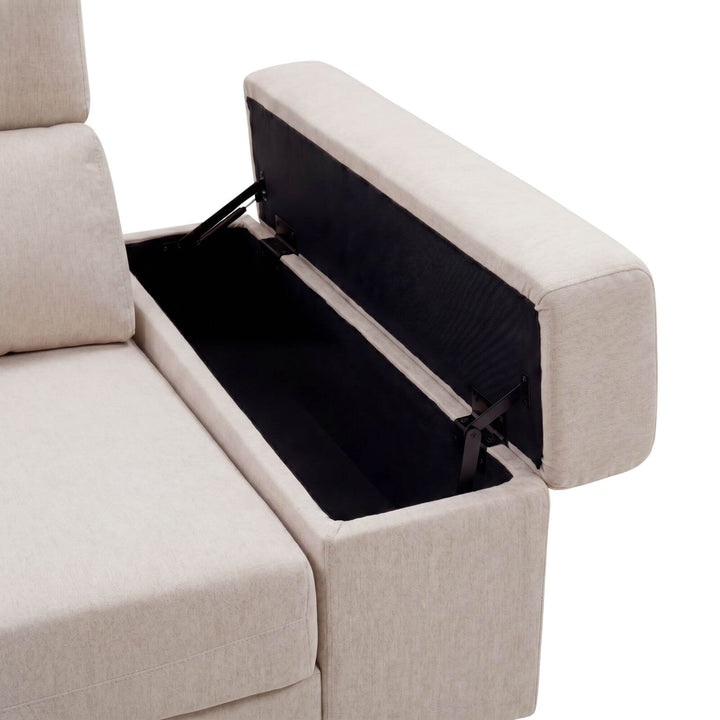 Close-up detail of the sofa storage compartment integrated into the armrest.