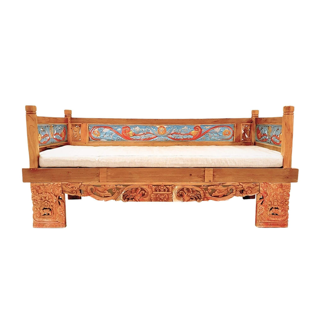 Hemera Indonesian carved teak wood daybed with colorful painted panels
