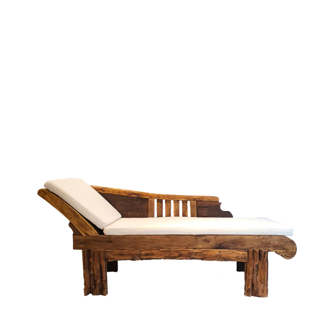 Side view of Hera Teak Wood Daybed showing the carved wooden backrest and generous proportions.