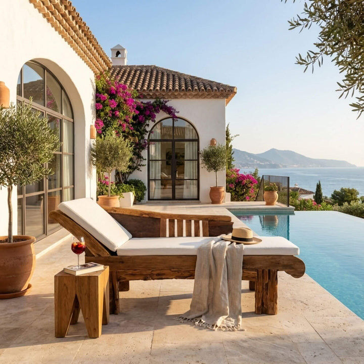 Styled outdoor view of Hera Indonesian Carved Teak Wood Daybed placed on a terrace, highlighting its solid reclaimed teak structure.