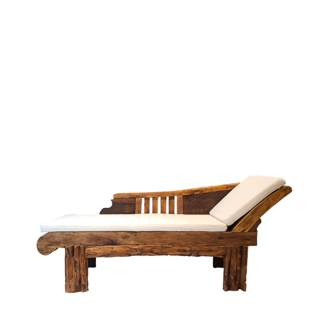 Side view of Hera Teak Wood Daybed showing the carved wooden backrest and generous proportions.