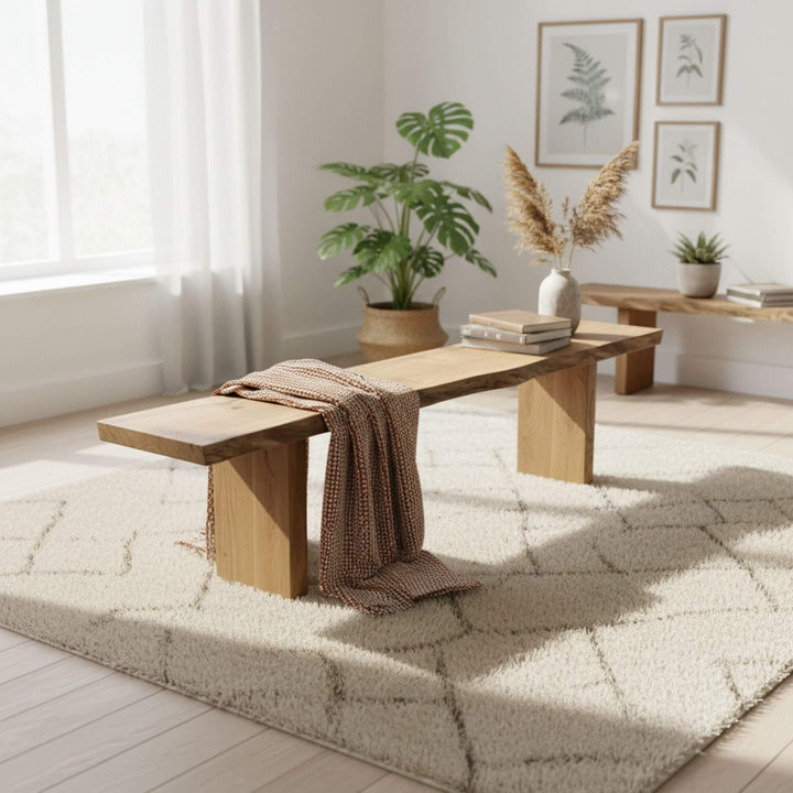 Hera Long Bench made from solid oak wood styled in a bright modern living room.