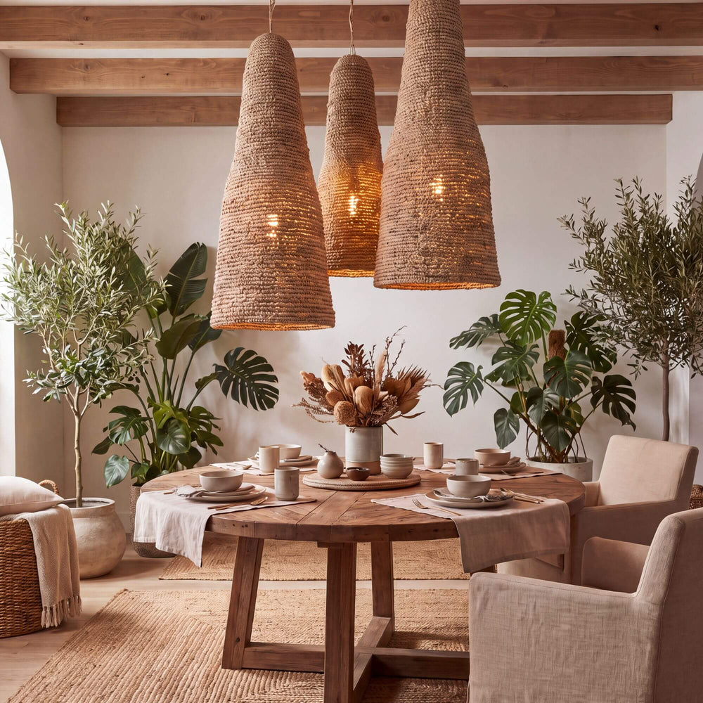 Higurah sisal ceiling lamps grouped above a dining table in a warm Mediterranean-inspired interior