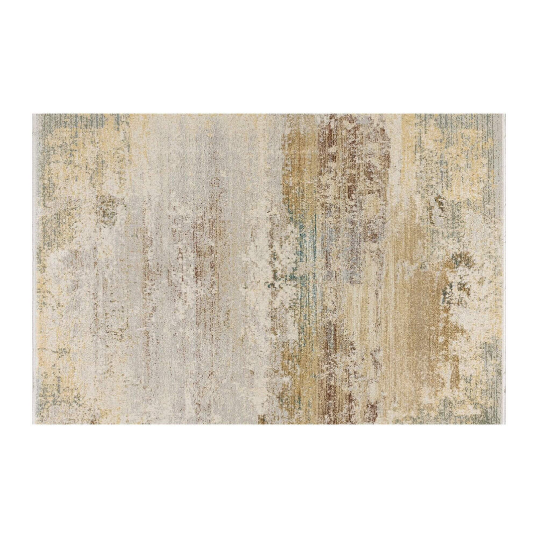 Front view of the Himalaya rug featuring an abstract layered pattern in earthy tones.