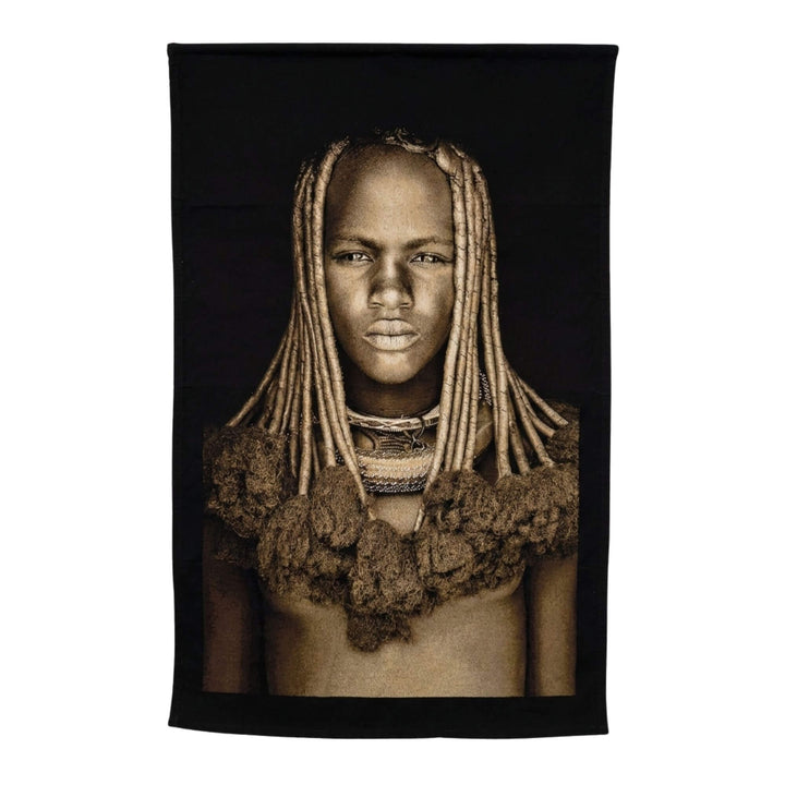 Front view of the Himba Girl tapestry featuring a traditional African portrait with layered necklaces.