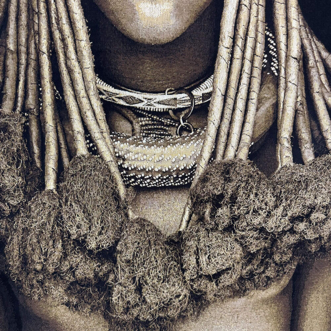 Close-up detail of the Himba Girl tapestry highlighting fabric texture and traditional adornment details.