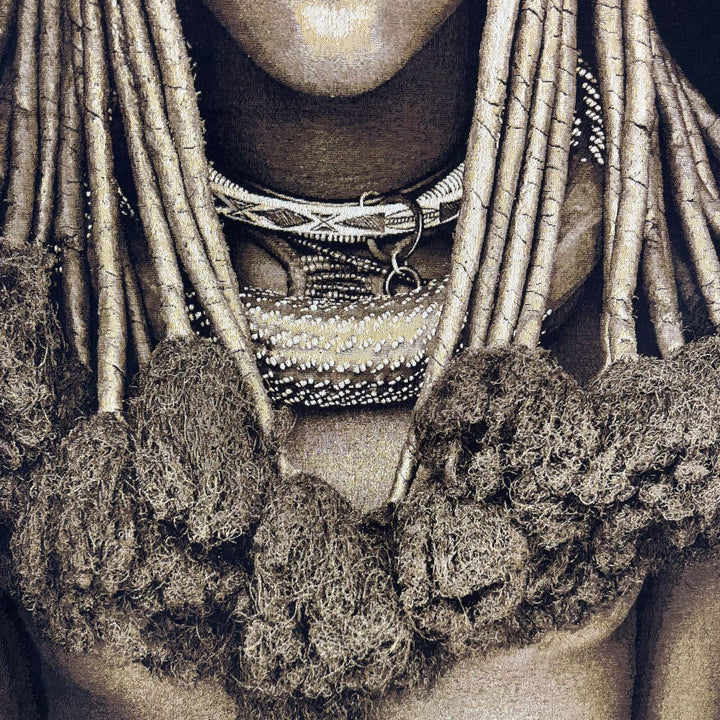 Close-up detail of the Himba Girl tapestry highlighting fabric texture and traditional adornment details.