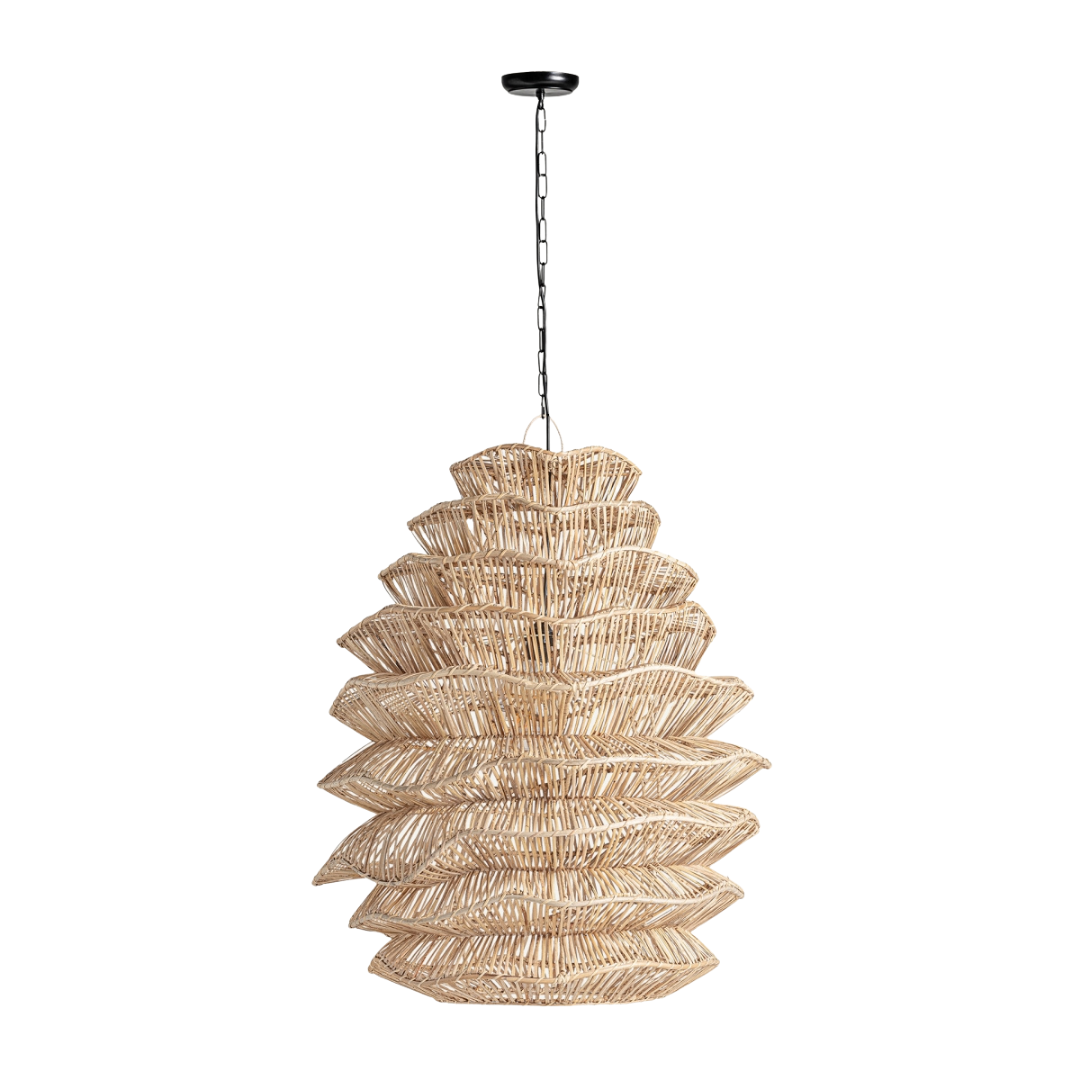 Large Hinaka ceiling lamp in natural rattan with layered design, hanging fixture.
