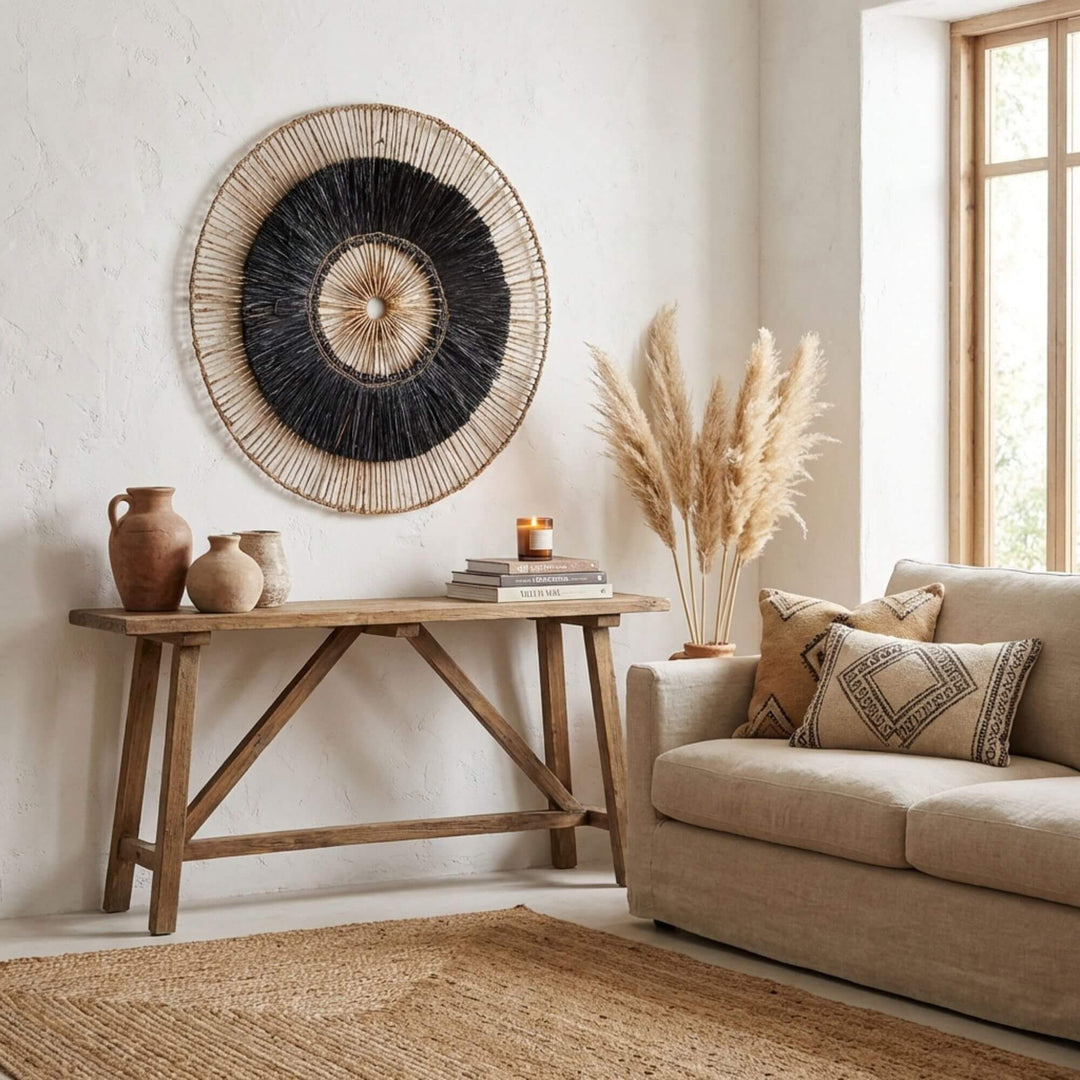 Living room with wooden console table, decorative pillows on a sofa, and Hitam wall deco art.