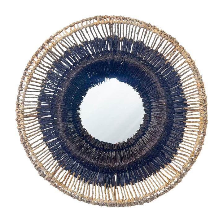 Front view of Hitam Round Mirror with rattan and natural fiber weave