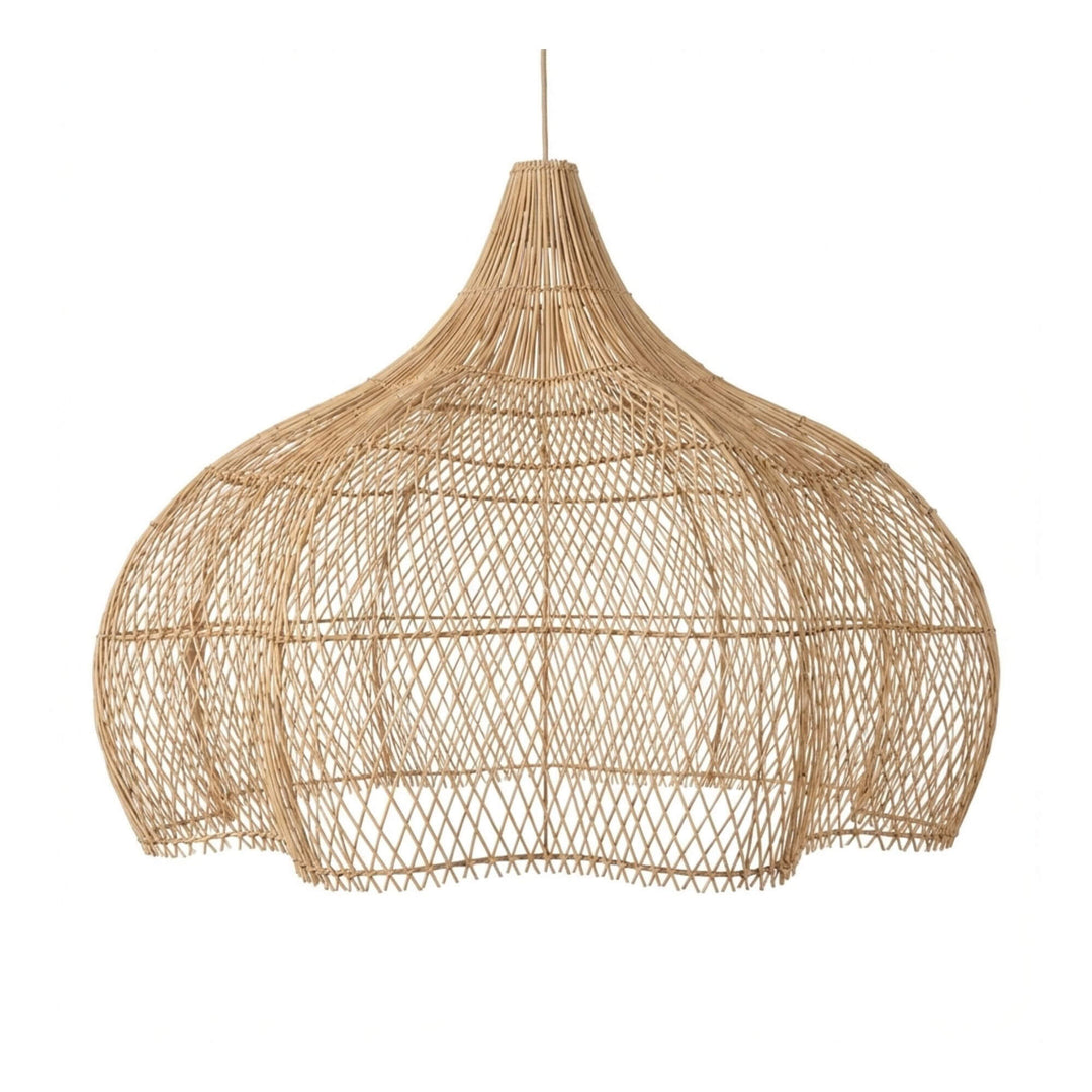 Front view of the Honolanani Ceiling Lamp showing its wide handwoven rattan structure.