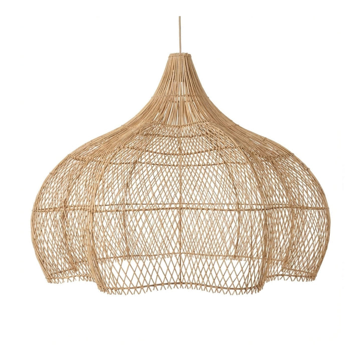 Front view of the Honolanani Ceiling Lamp showing its wide handwoven rattan structure.