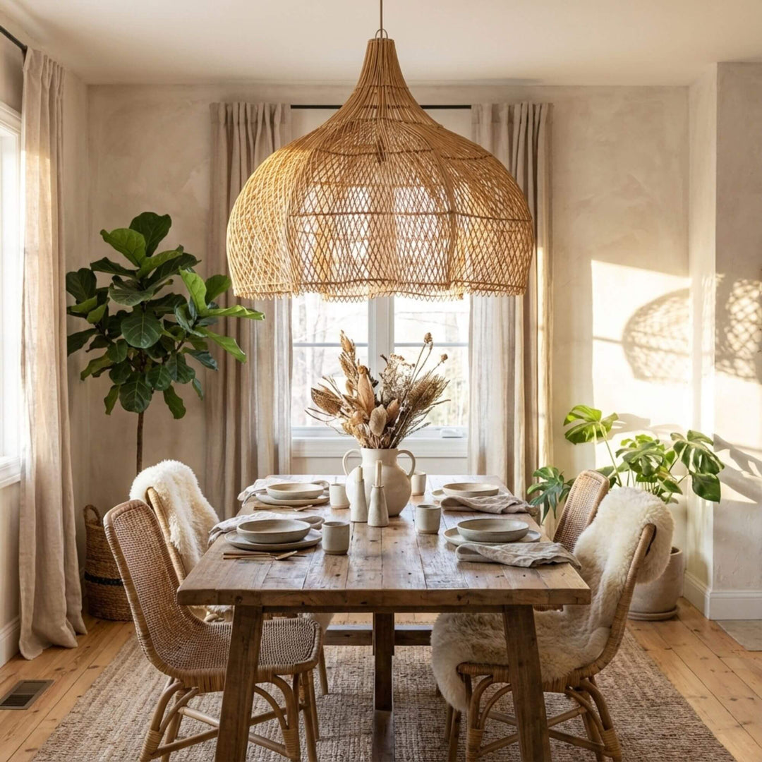 Styled dining room featuring the Honolanani rattan ceiling lamp as a statement pendant.