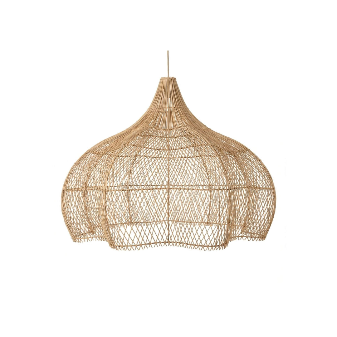 Front view of the small-sized Honolanani Ceiling Lamp showing its wide handwoven rattan structure.