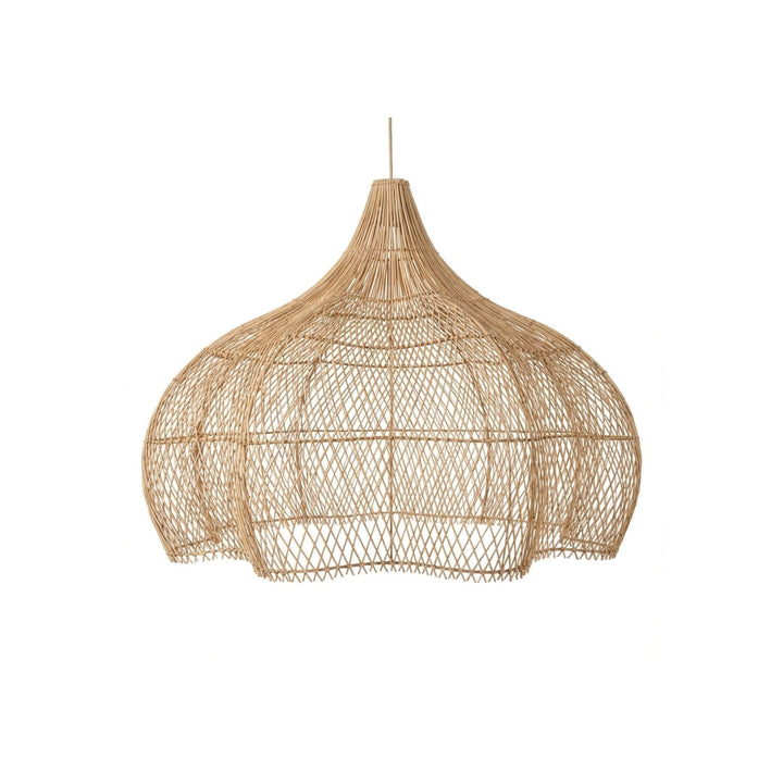 Front view of the small-sized Honolanani Ceiling Lamp showing its wide handwoven rattan structure.
