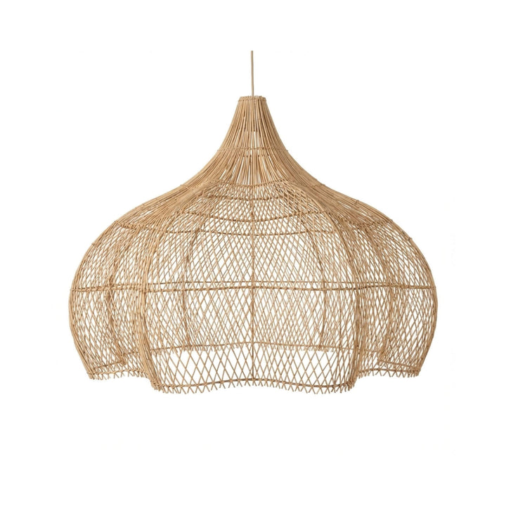 Front view of the mid-sized Honolanani Ceiling Lamp showing its wide handwoven rattan structure.