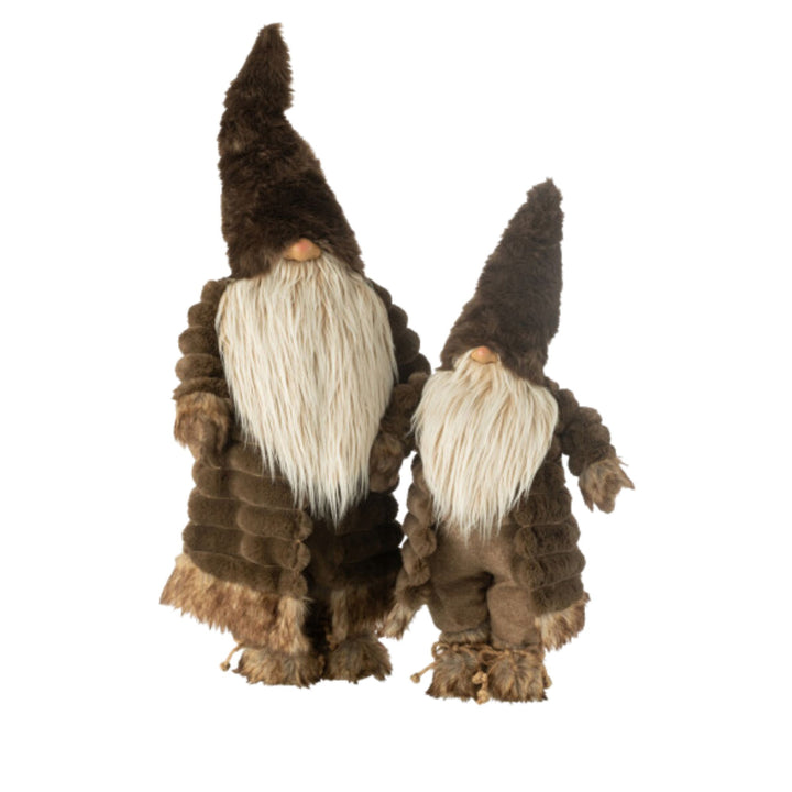 Front view of the Howard Gnome Deco Figure in brown textile with long white beard.