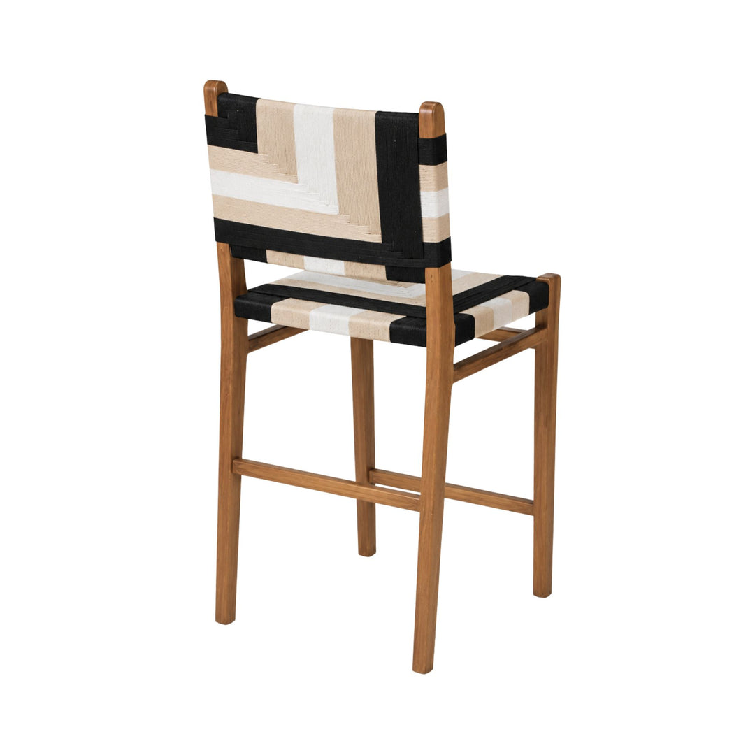 Rear angled view of the Huraa kitchen stool showing its woven rope backrest and teak wood frame