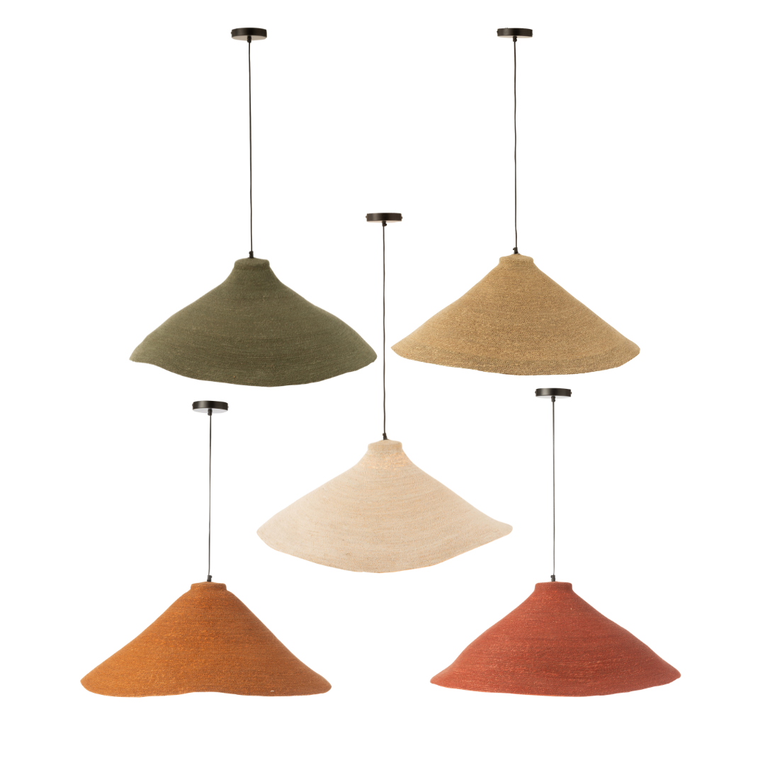 Hurgada ceiling lamps in green, beige, natural, rust, and terracotta colors hanging together.