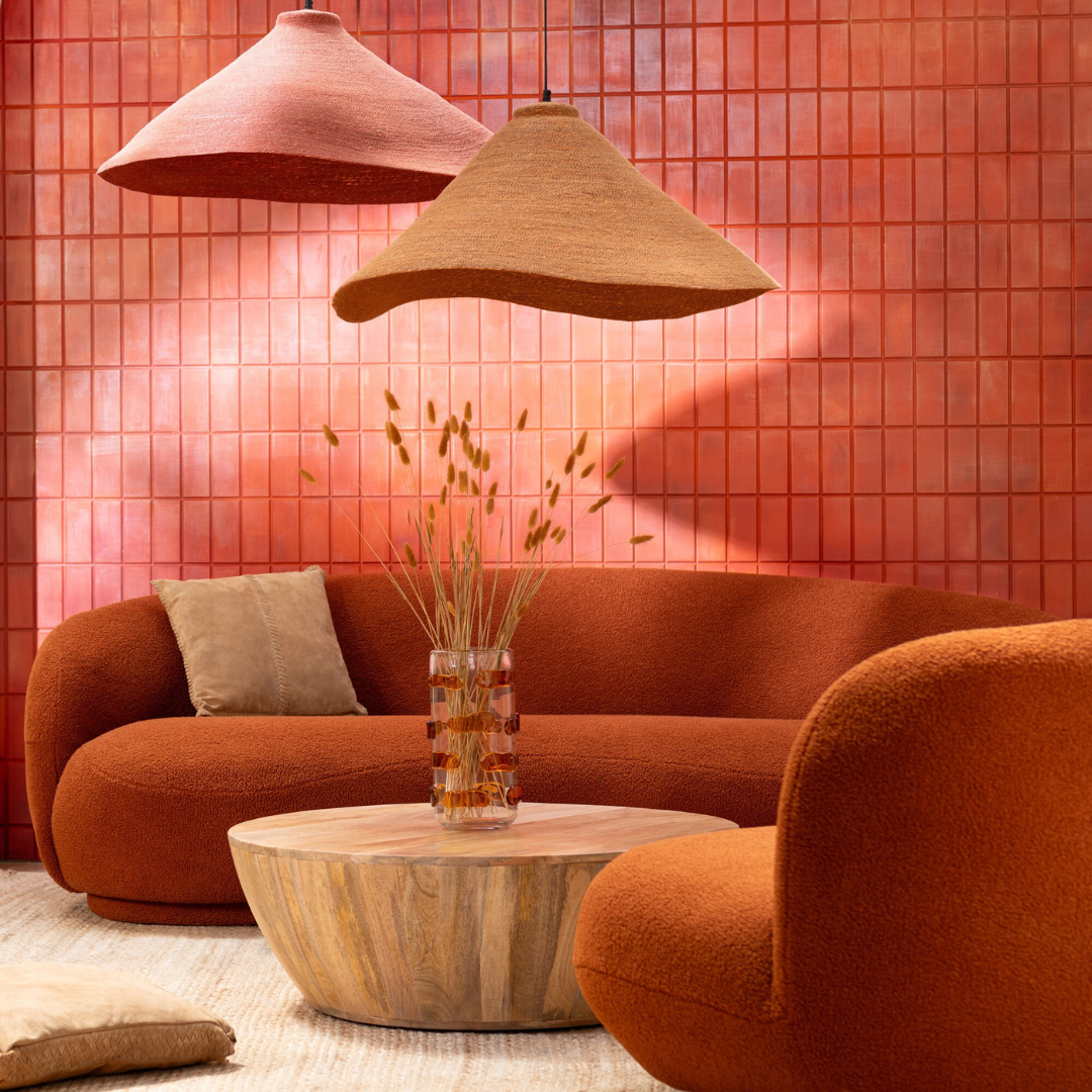 Terracotta and Rust Hurgada ceiling lamp styled in a warm-toned living room.