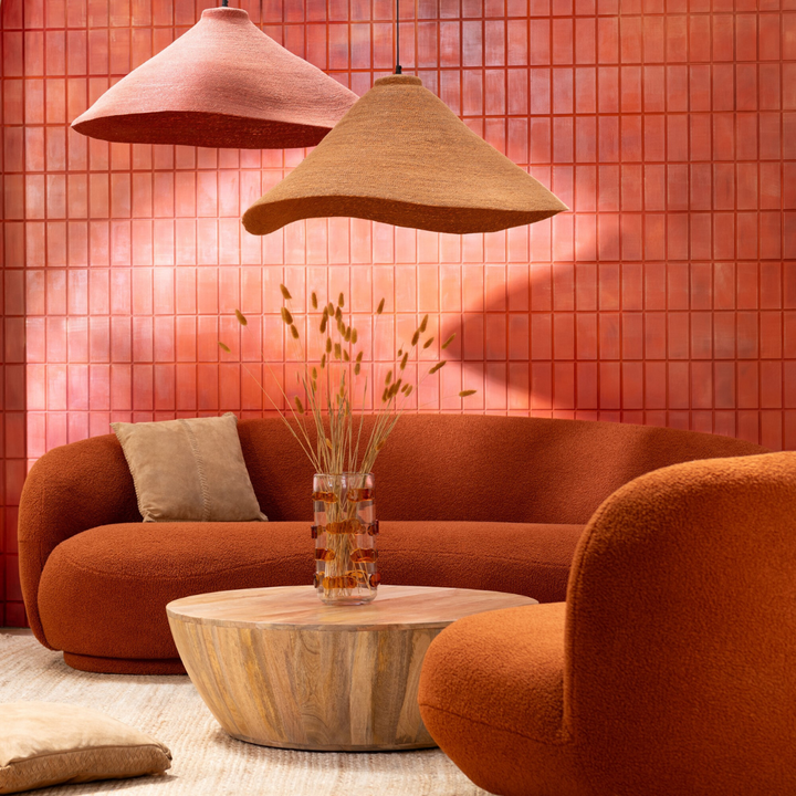 Terracotta and Rust Hurgada ceiling lamp styled in a warm-toned living room.
