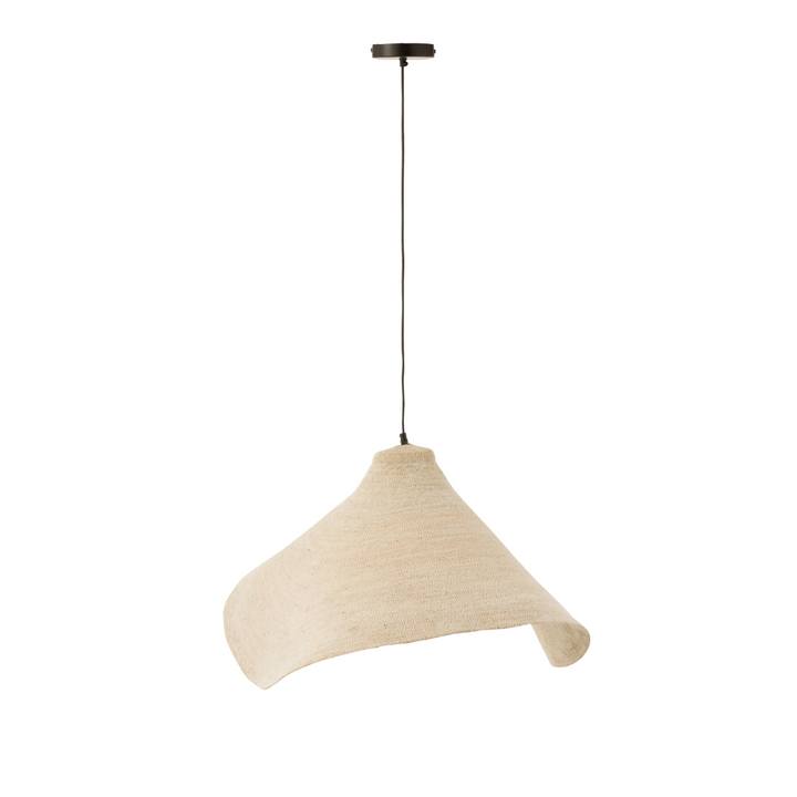 Side view Beige/White Hurgada hanging lamp handmade with natural fibers.