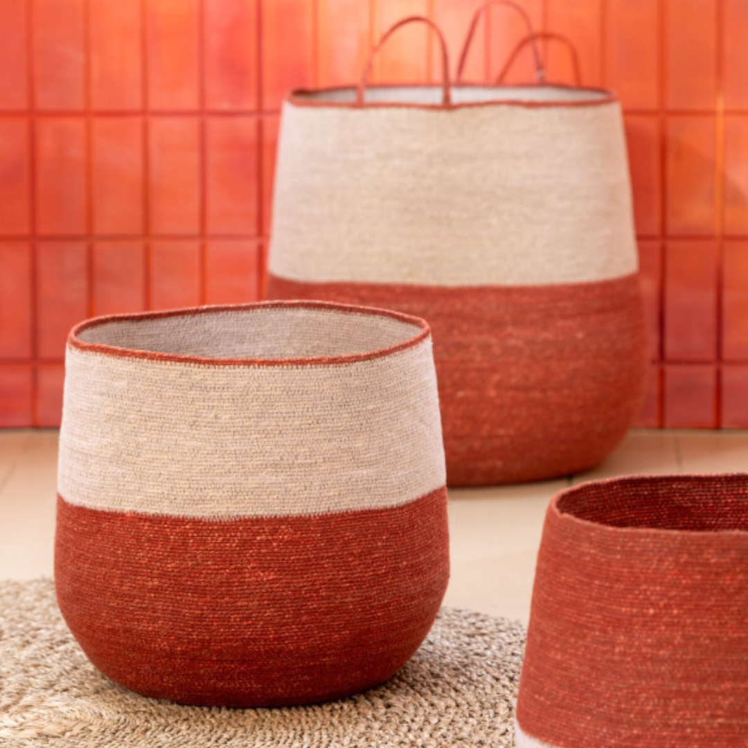 Trio of two-tone Hurgada baskets styled in a warm interior