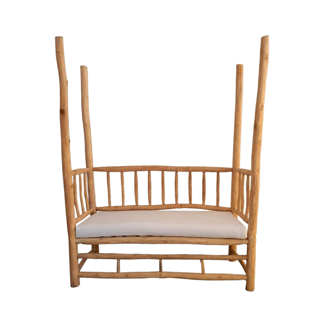 Front view of the Hydra teak wood daybed with natural branch structure and cushion seat.