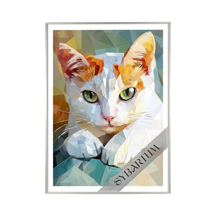 Front view of framed “I Have Lived with Several Zen Masters, All of Them Cats” artwork featuring a geometric cat portrait with vibrant colors.