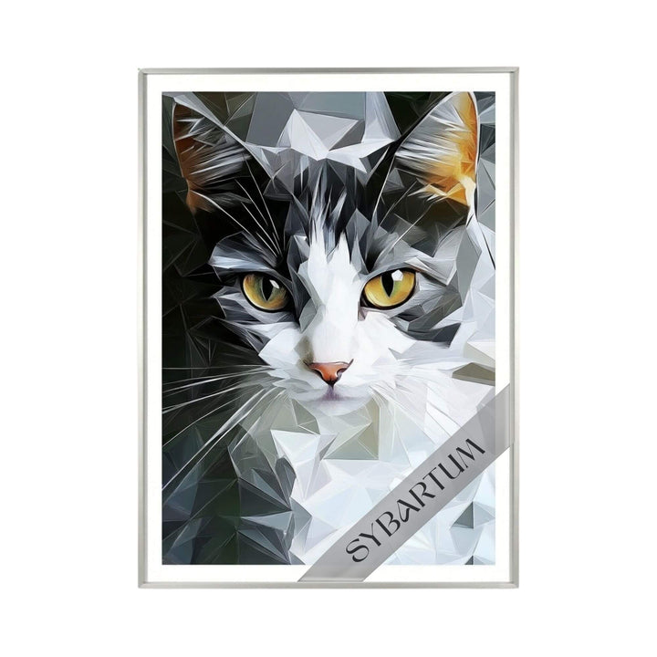 Front view of framed “I Have Lived with Several Zen Masters, All of Them Cats” artwork featuring a geometric cat portrait with vibrant colors.