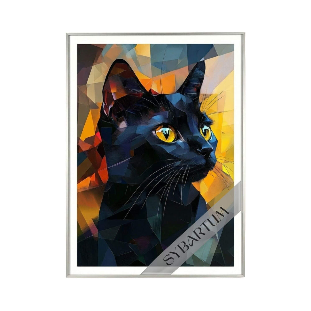 Front view of framed “I Have Lived with Several Zen Masters, All of Them Cats” artwork featuring a geometric cat portrait with vibrant colors.