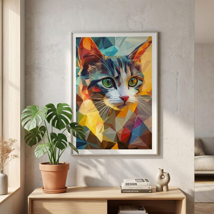 Styled interior setting showing the artwork as a playful yet sophisticated focal point above a wooden console.