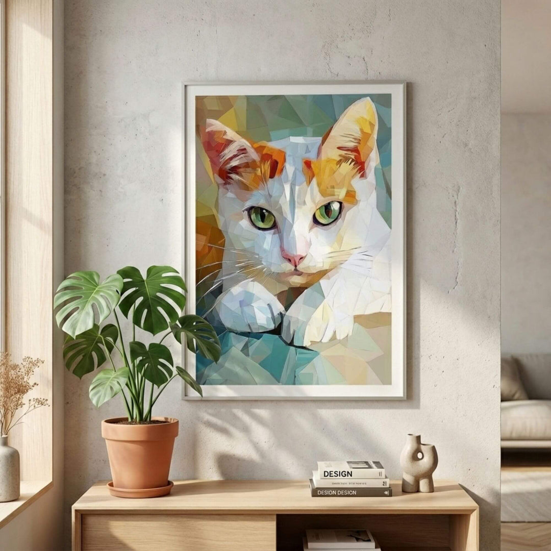 Styled interior setting showing the artwork as a playful yet sophisticated focal point above a wooden console.