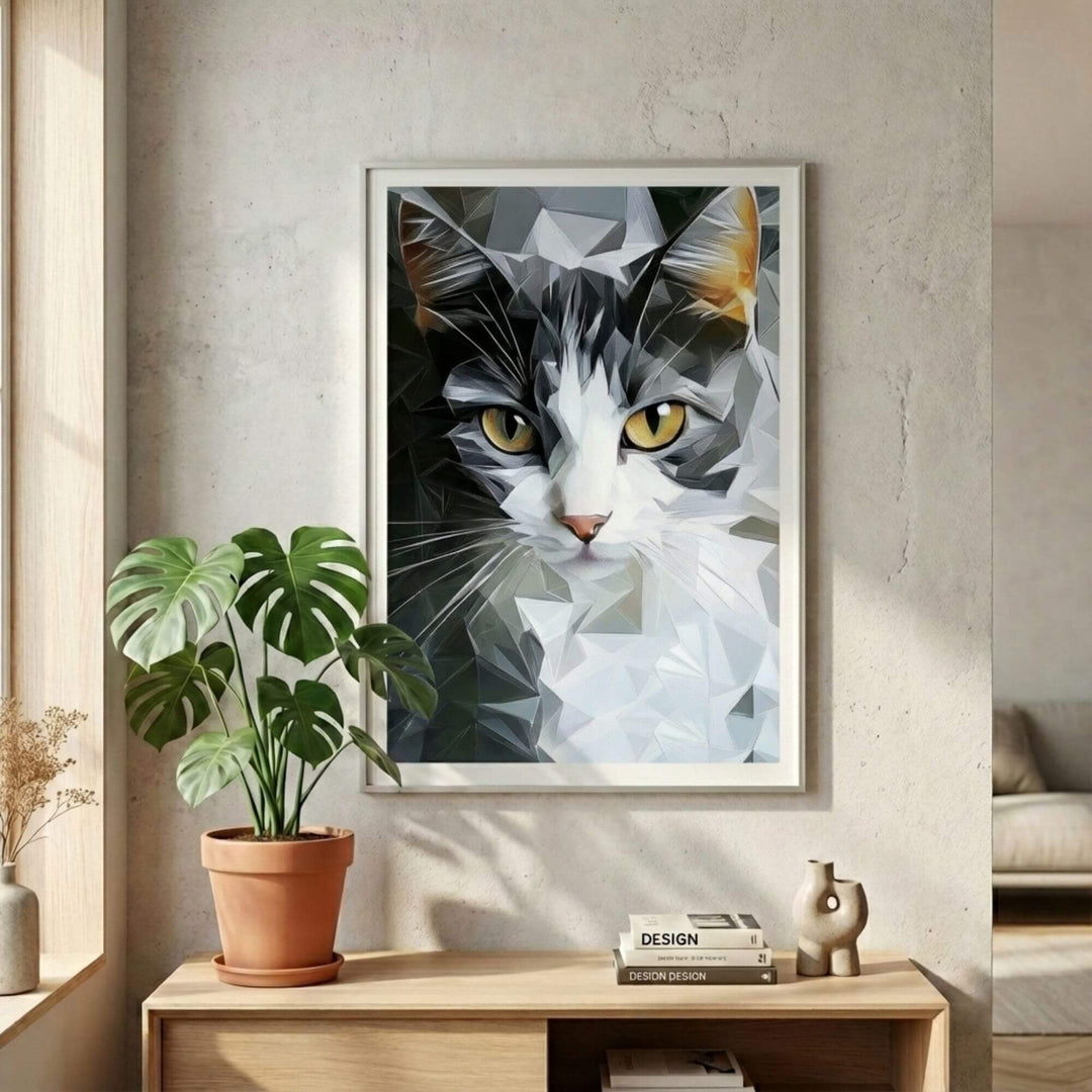 Styled interior setting showing the artwork as a playful yet sophisticated focal point above a wooden console.