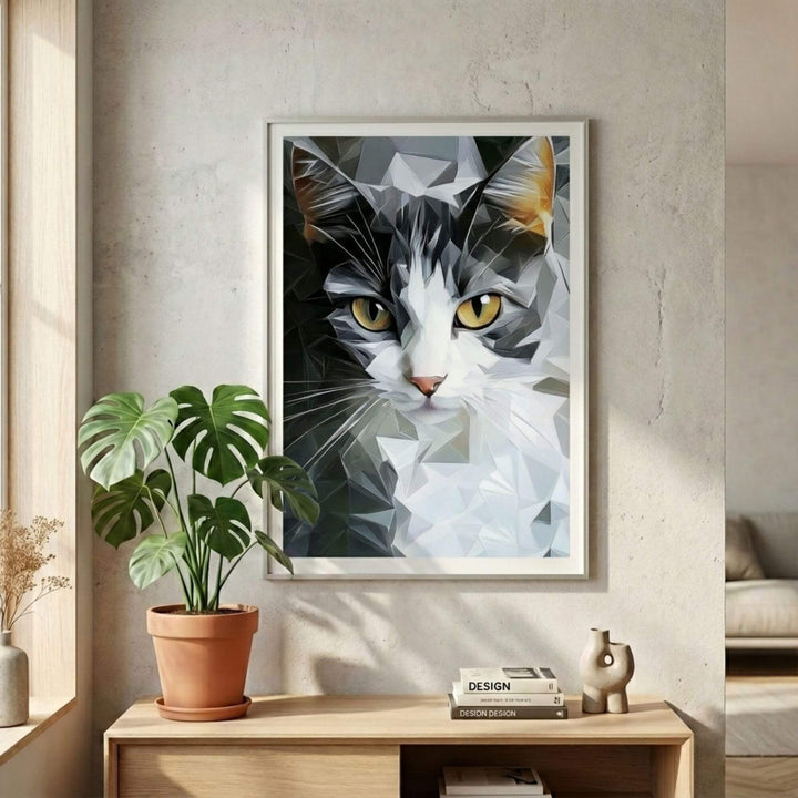 Styled interior setting showing the artwork as a playful yet sophisticated focal point above a wooden console.