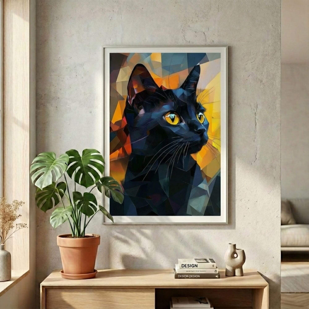 Styled interior setting showing the artwork as a playful yet sophisticated focal point above a wooden console.