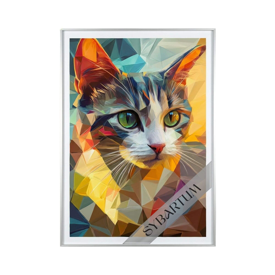 Front view of framed “I Have Lived with Several Zen Masters, All of Them Cats” artwork featuring a geometric cat portrait with vibrant colors.