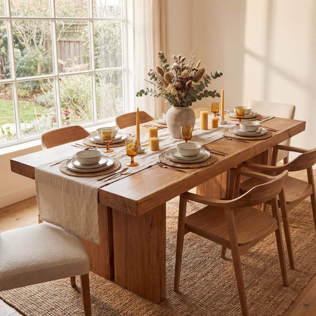 Styled dining room setting featuring the Indonesian teak dining table with warm natural decor.