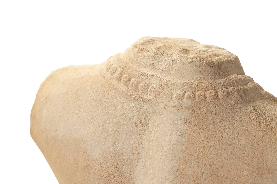 Detail view of the upper torso showing sculpted necklace and natural terracotta finish.