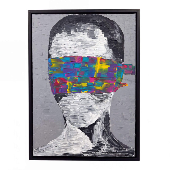 Front view of the Inner Trip original painting by Manuel Pereyra with an abstract portrait in black, white, and vivid multicolour tones