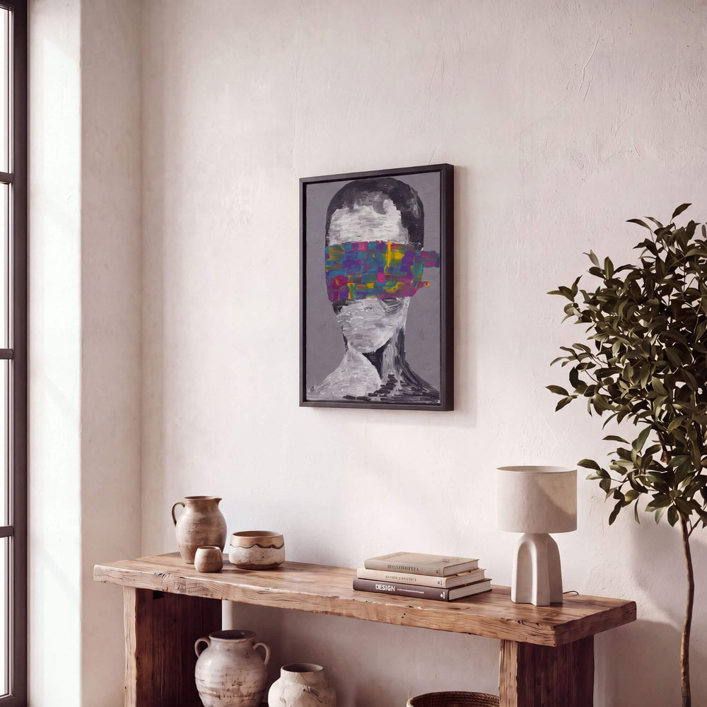 Inner Trip painting by Manuel Pereyra displayed above a wooden console in a warm contemporary interior