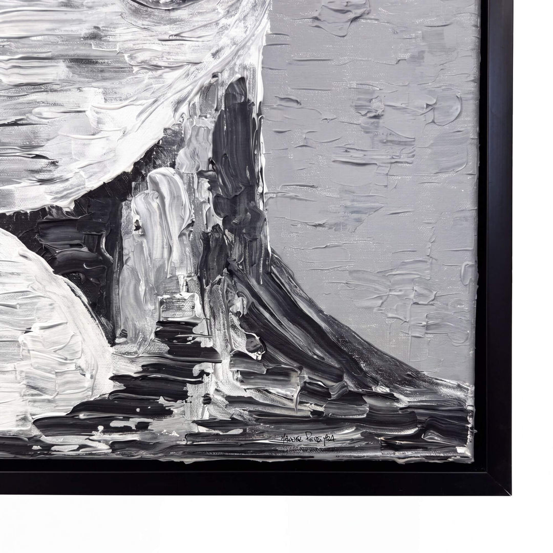 Close-up of the Inner Trip painting highlighting the expressive monochrome portrait texture and black wood frame