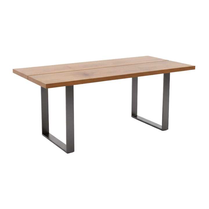 Front view of the Iroko Dining Table in natural solid wood.