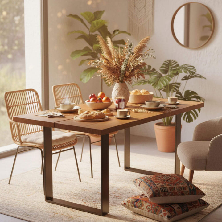Styled dining setup featuring the Iroko Dining Table with chairs.