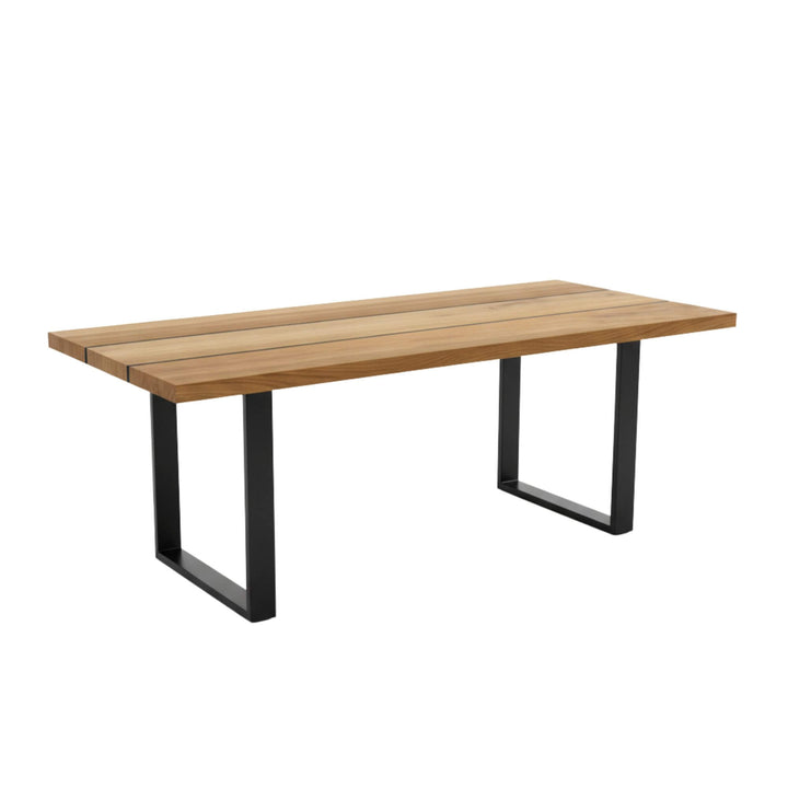 Front view of the 240 cm Iroko Dining Table with solid wood top and iron legs.