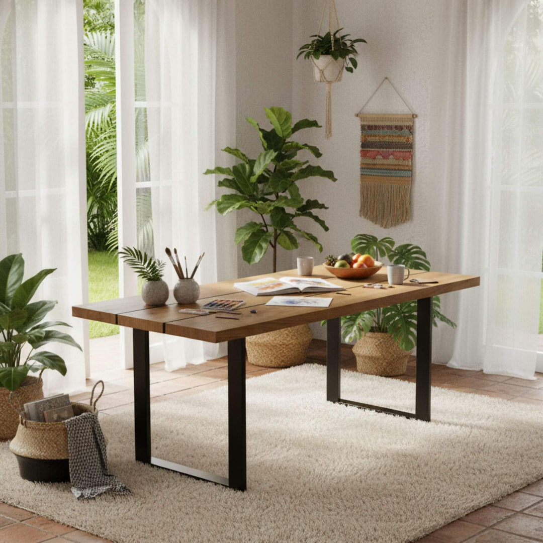Interior dining setting featuring the Iroko table styled with natural decor.