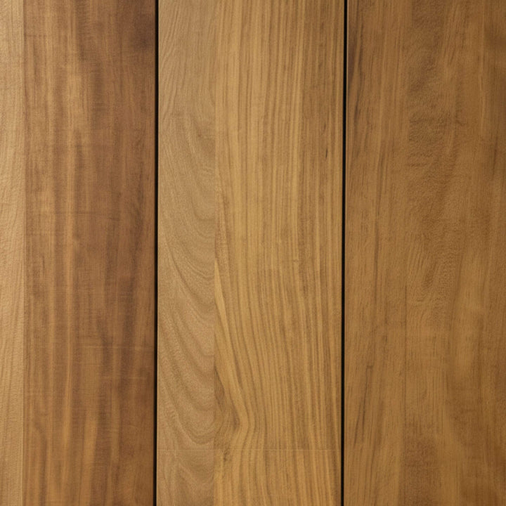 Close-up detail of the iroko wood planks showing warm natural texture.