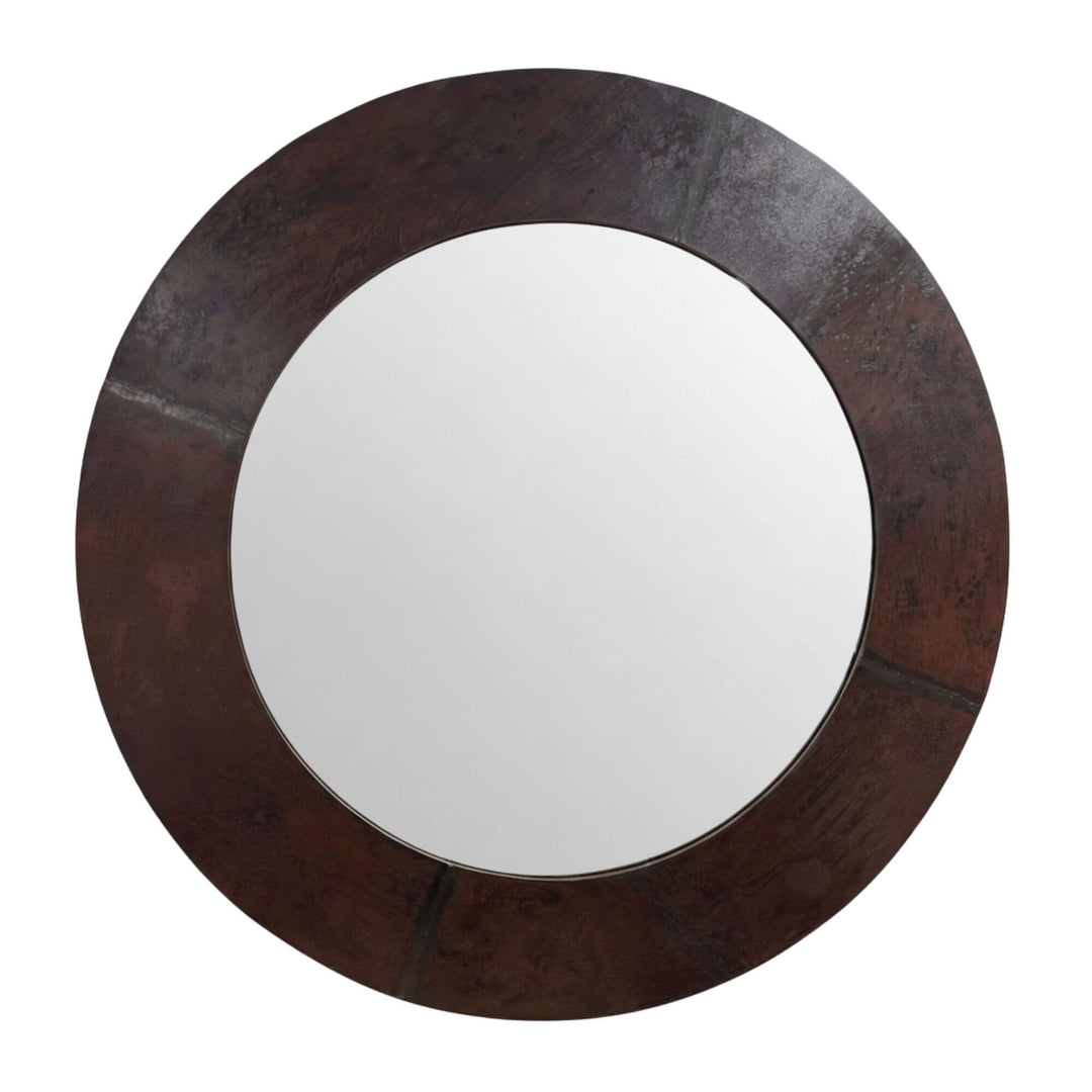 Front view of the Iron Round Mirror crafted from rustic iron and glass.