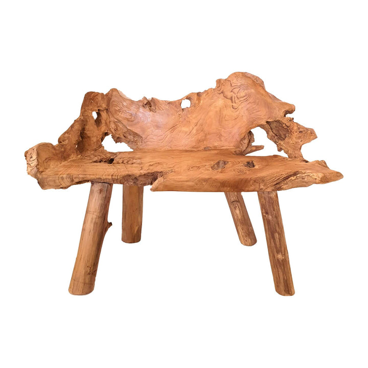 ISHA TEAK ROOT WOOD BENCH design on a white background